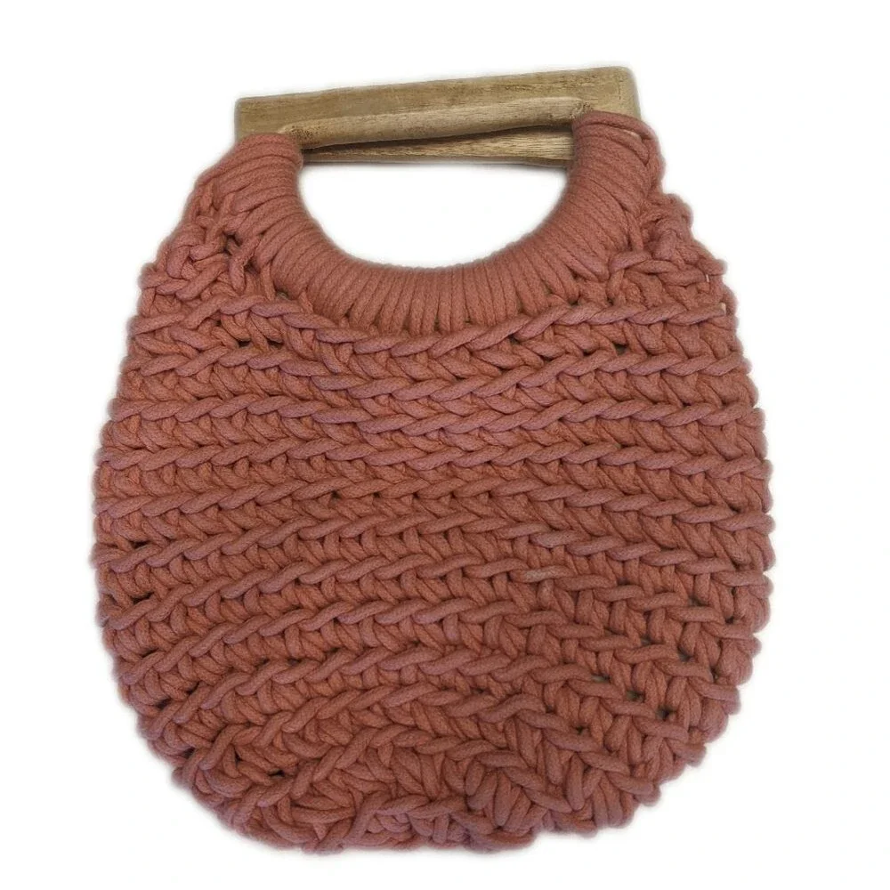 A New Day peach coral woven cotton purse handbag w/ wooden handles 9